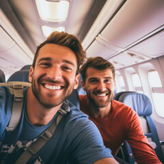 Fototapeta na wymiar HAPPY GAY COUPLE TAKING SELFIE IN THE AIRPLANE CABIN. image created by legal AI