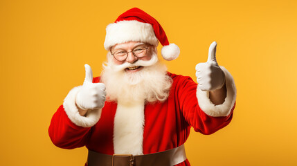 SANTA CLAUS SHOWING THUMBS UP ON YELLOW BACKGROUND HORIZONTAL IMAGE. image created by legal AI