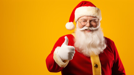 SANTA CLAUS SHOWING THUMBS UP ON YELLOW BACKGROUND HORIZONTAL IMAGE. image created by legal AI