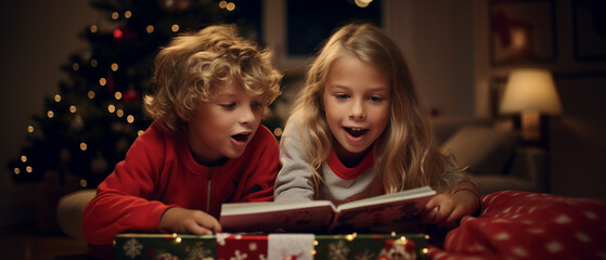 siblings reading a book in a christmasy living room at night - obrazy, fototapety, plakaty