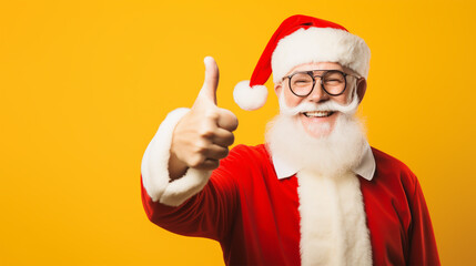 Fototapeta na wymiar SANTA CLAUS SHOWING THUMBS UP ON YELLOW BACKGROUND HORIZONTAL IMAGE. image created by legal AI