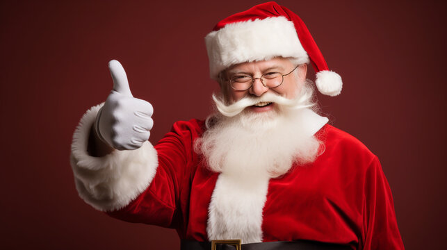 SANTA CLAUS SHOWING THUMBS UP ON RED BACKGROUND HORIZONTAL IMAGE. image created by legal AI
