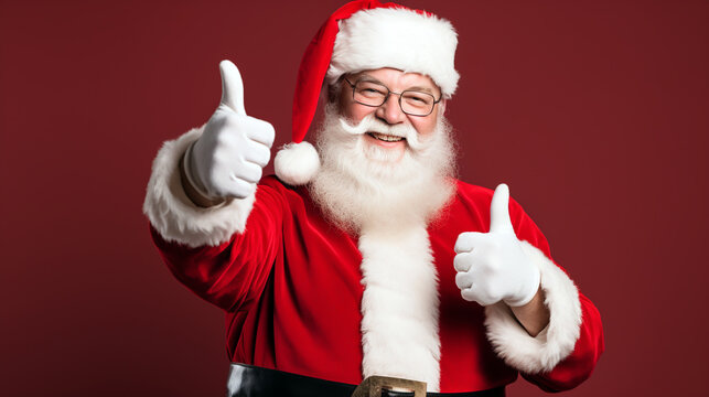 SANTA CLAUS SHOWING THUMBS UP ON RED BACKGROUND HORIZONTAL IMAGE. image created by legal AI
