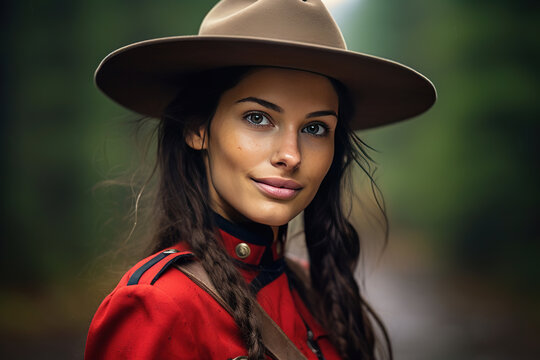 Beautiful smiling young female Canadian mounty looking at the camera