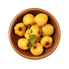 Naklejka na ściany i meble Top view of quinces fruit in a wooden bowl isolated on a white transparent background 