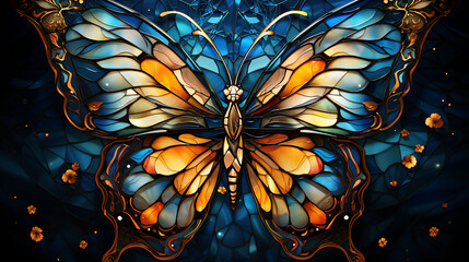 Stained glass window of abstract background with Butterfly  in the church.  butterfly on the window