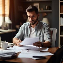 Obraz premium WORKING WITH PAPER DOCUMENTS. CONCENTRATED BUSINESSMAN LOOKING THROUGH IMPORTANT DOCUMENTS AND THINKING ABOUT FUTURE WORK PLAN. image created by legal AI