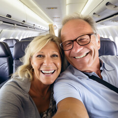 MATURE COUPLE HUSBAND AND WIFE TAKING SELFIE ON PLANE. image created by legal AI