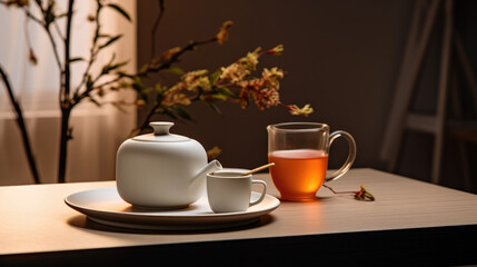 Fototapeta premium Minimalist Zen: Relaxing Studio-Lit Tea Time in High Quality Dark Background