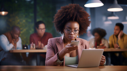 Obraz premium BUSINESS AFRICAN WOMAN WORKING WITH LAPTOP AND SMARTPHONE AT THE SAME TIME. image created by legal AI
