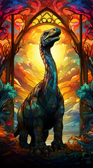 Illustration in stained glass style with Dinosaurs on a dark background.