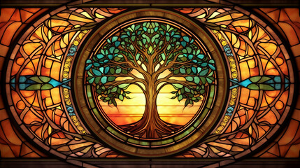 Illustration in stained glass style with tree on a dark background. - obrazy, fototapety, plakaty