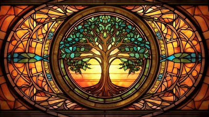 Fotobehang Illustration in stained glass style with tree on a dark background. © soysuwan123