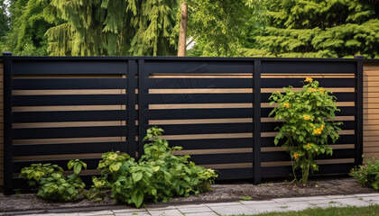 Metal Garden Fence Enhanced with Synthetic Black Privacy Screen Strips