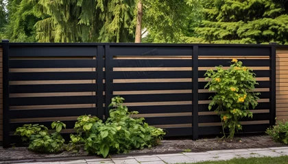 Photo sur Aluminium Vielles portes Metal Garden Fence Enhanced with Synthetic Black Privacy Screen Strips