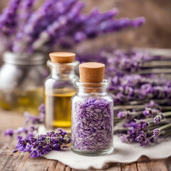 Glass bottle of Lavender essential oil with fresh lavender flowers and dried lavender seeds on white wooden rustic table, aromatherapy spa massage concept. Lavendula oleum