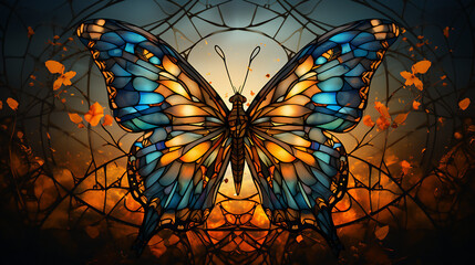 Illustration in stained glass style with a butterfly on a dark background.