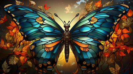 Illustration in stained glass style with butterfly on a black background.