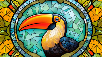 Illustration in stained glass style with a hornbill on a colorful background.