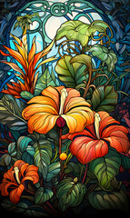 Naklejka premium Illustration in stained glass style with pattern flowers.