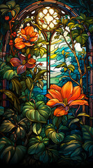 Illustration in stained glass style with a leaves in the forest on a dark background. 
