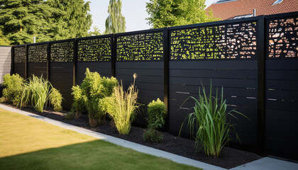 Metal Garden Fence Enhanced with Synthetic Black Privacy Screen Strips - obrazy, fototapety, plakaty