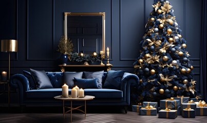 Modern, luxurious, minimalistic indoor Christmas decor with gold and deep blue tones