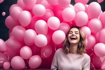 Fototapeta na wymiar Happy young sexy blonde woman enjoying the release of thousands of pink balloons in celebration concept, AI generated.