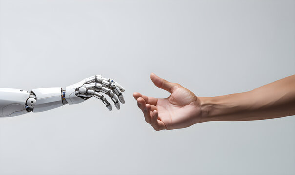 A white AI robot's hand touching a human hand, symbolizing future living, human-machine interaction, and collaboration between humans and machines