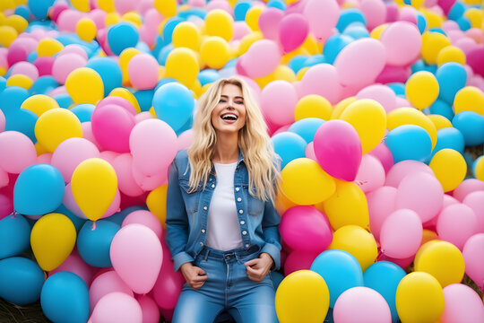 Happy young sexy blonde woman enjoying the release of thousands of pink balloons in celebration concept, AI generated.