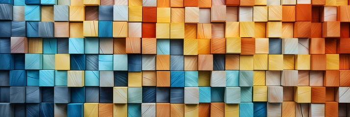 Foto op Canvas Colorful cubic wooden texture, wood cube background, checkered wooden texture, banner © JQM