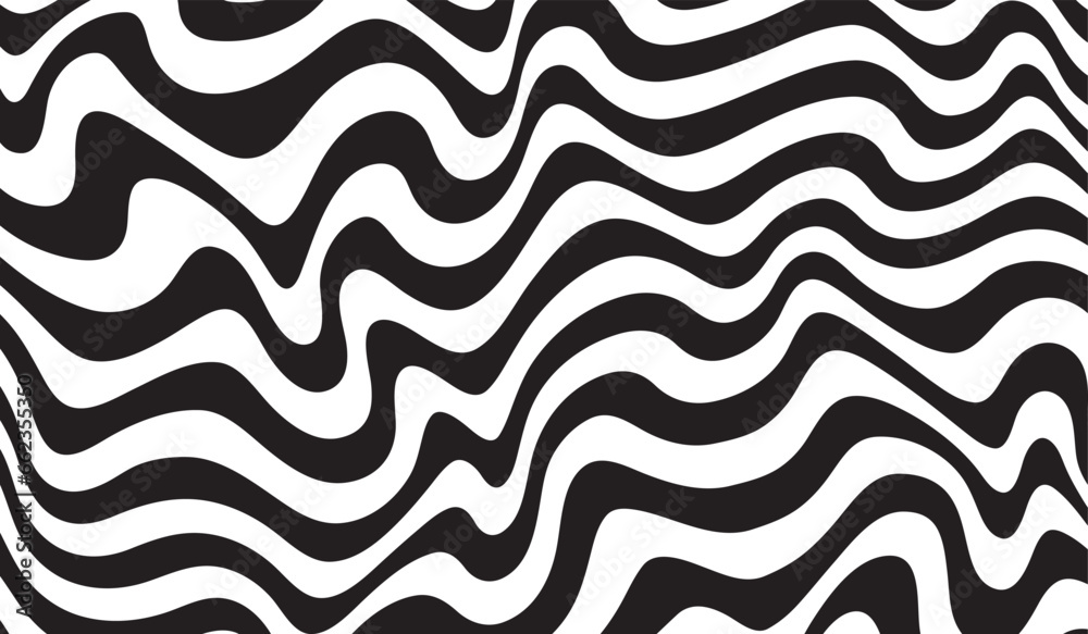 Poster Background with wavy lines. Twisted duo tone backgrounds. Abstract pattern from lines, halftone effect. Black and white texture. Minimalist design template for poster, banner, cover, postcard.