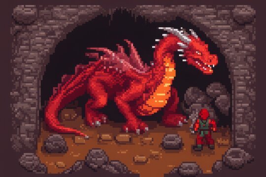cartoon dragon with a dragon on a stone cartoon dragon with a dragon on a stone pixel cartoon character of red dragon in ancient stone