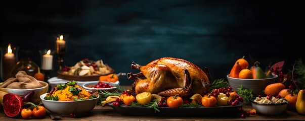 Thanksgiving dinner with turkey and an array of gourmet delights on the table - Powered by Adobe
