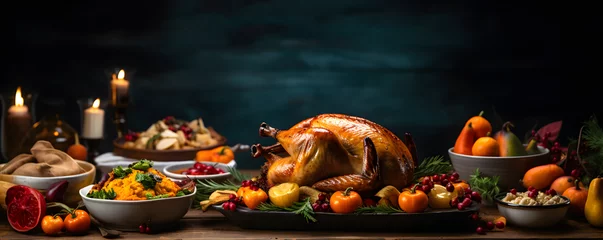 Fotobehang Thanksgiving dinner with turkey and an array of gourmet delights on the table © JQM
