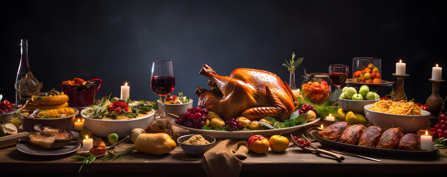 Thanksgiving dinner with turkey, red wine, and an array of gourmet delights on the table