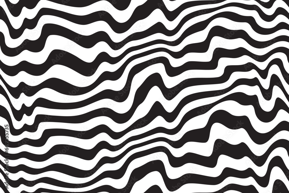 Poster Background with wavy lines. Twisted duo tone backgrounds. Abstract pattern from lines, halftone effect. Black and white texture. Minimalist design template for poster, banner, cover, postcard.