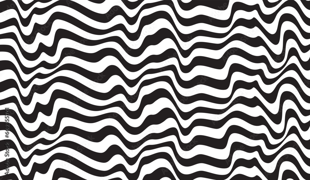 Poster Background with wavy lines. Twisted duo tone backgrounds. Abstract pattern from lines, halftone effect. Black and white texture. Minimalist design template for poster, banner, cover, postcard.	