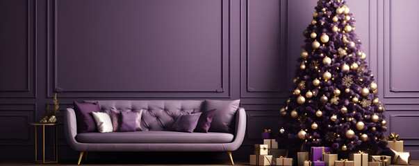 Modern, luxurious, minimalistic indoor Christmas decor with purple and gold tones
