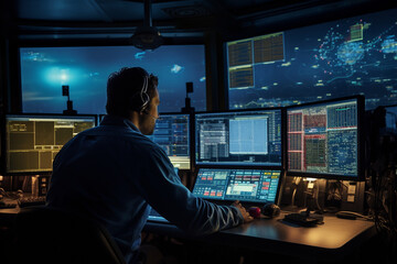 In the control room of the oil rig, a male engineer analyzes data on computer screens, making critical decisions to optimize drilling operations.  - obrazy, fototapety, plakaty