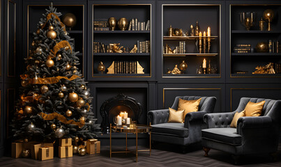 Modern, luxurious, minimalistic indoor Christmas decor with black and gold tones