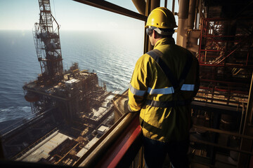 With the ocean stretching to the horizon, a male engineer on the rig's observation deck oversees the safety protocols and operations on the offshore platform.  - obrazy, fototapety, plakaty