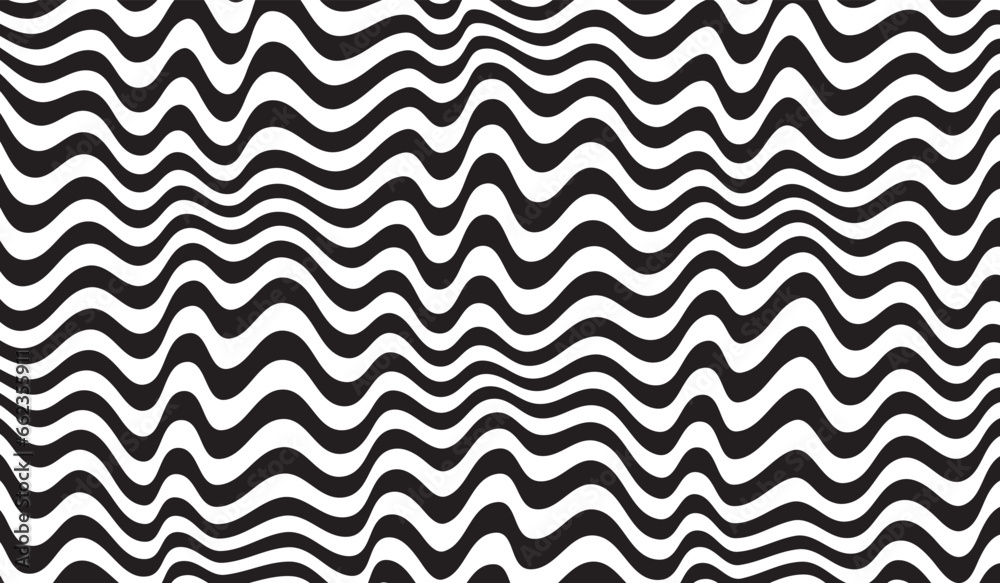 Poster Abstract seamless vector pattern. Waves. Lines. Distorted. Isolated. Vector seamless pattern. Abstract op art texture with bold monochrome wavy stripes. Creative background with distorted lines. 