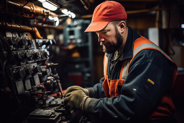 In the engine room of the oil rig, a male engineer performs intricate maintenance tasks on the machinery, ensuring the continuous operation of the drilling equipment. 