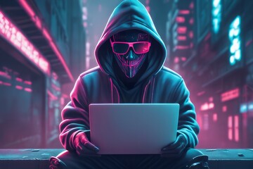 hacker with laptop and computer in neon lights hacker with laptop and computer in neon light cyber...