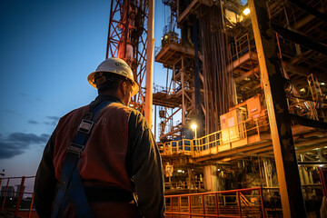 A male engineer conducts a thorough inspection of the rig's derrick, making certain that the towering structure remains stable and reliable for drilling operations. 