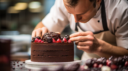 The chef is making a chocolate cake  - obrazy, fototapety, plakaty