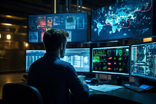 A male engineer in the control room reviews real-time data, communicating with the drilling team to ensure that the oil extraction process remains safe and productive. 