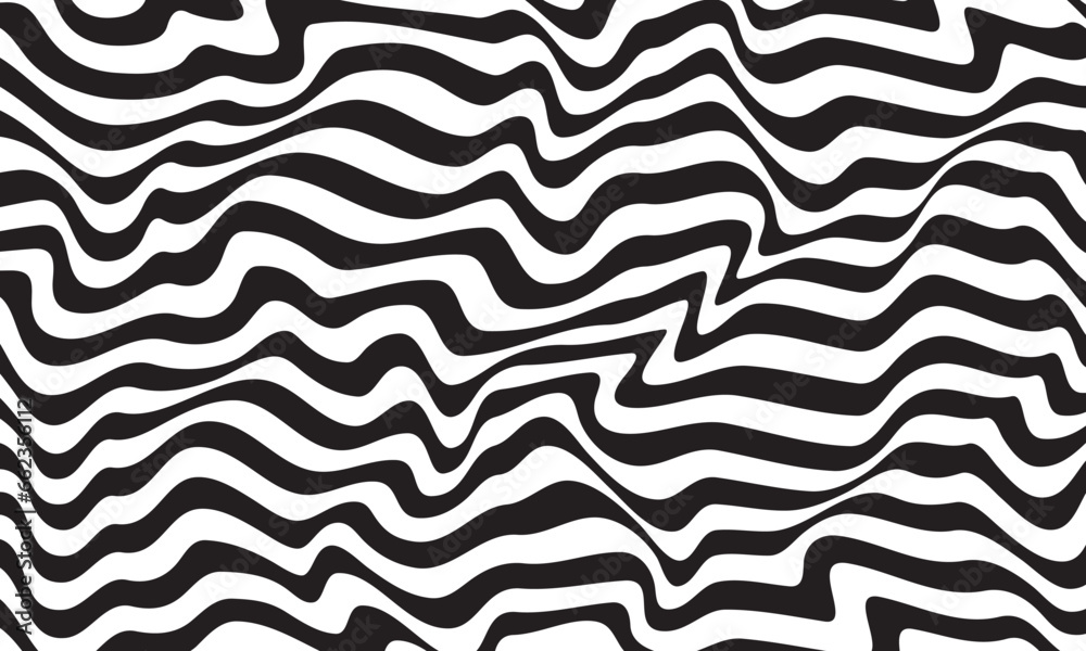 Poster Background with wavy lines. Twisted duo tone backgrounds. Abstract pattern from lines, halftone effect. Black and white texture. Minimalist design template for poster, banner, cover, postcard.