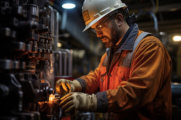 Deep within the drilling station, a worker operates the drilling equipment, managing the intricate process of oil extraction with precision and expertise. 